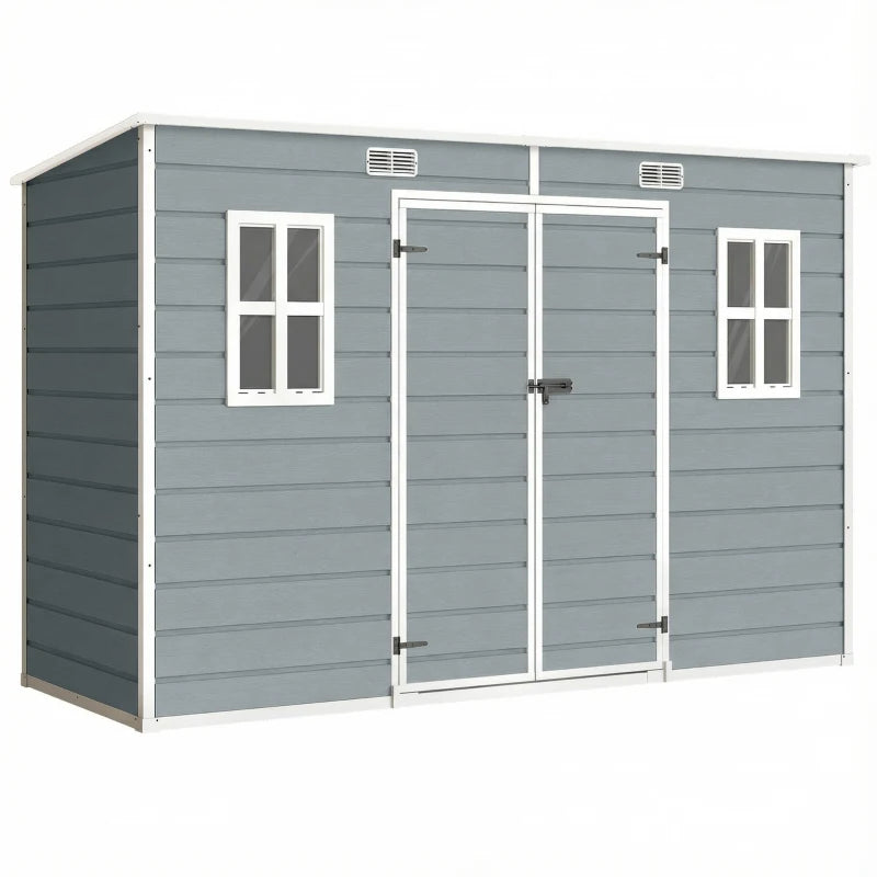 Grey resin garden shed with double doors, two windows, and roof vents.