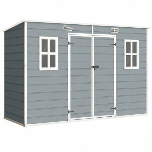 Grey resin garden shed with double doors, two windows, and roof vents.