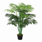 Artificial palm tree with green fronds in a black nursery pot