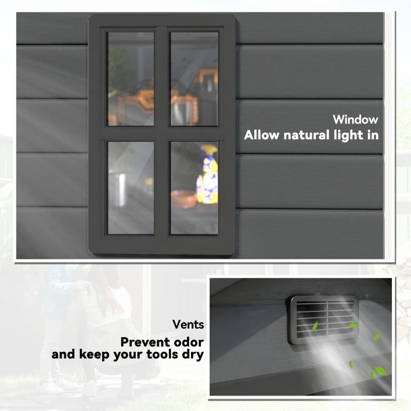 Dark grey shed front with window panel and vents, featuring door and window frame