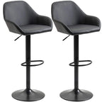 Set of 2 black PU leather bar stools with curved backs, swivel bases and footrests