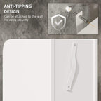 White cabinet with anti-tipping strap and recessed handle on the door