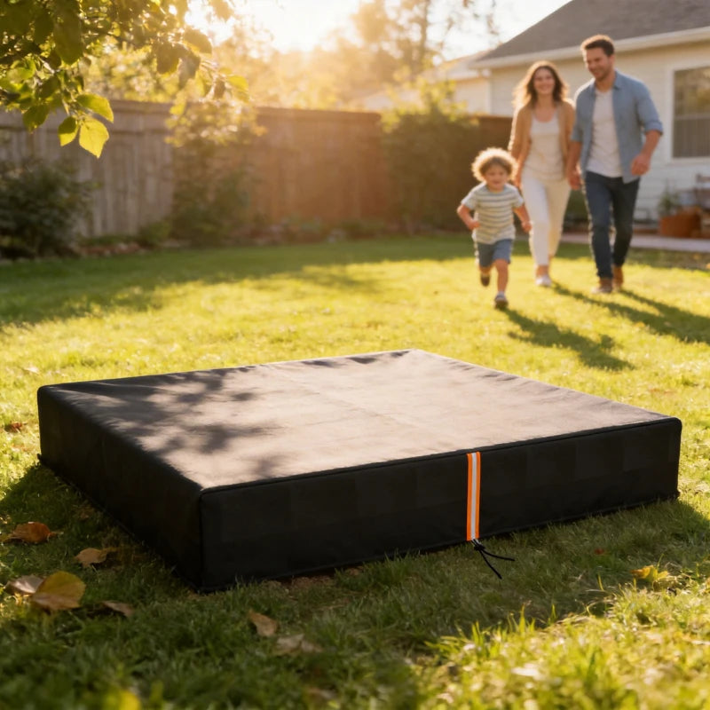 Black square sandbox cover with orange reflective strip and drawstring closure