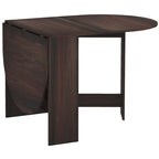 Dark brown oval folding dining table with drop-leaf sides and wood-look finish