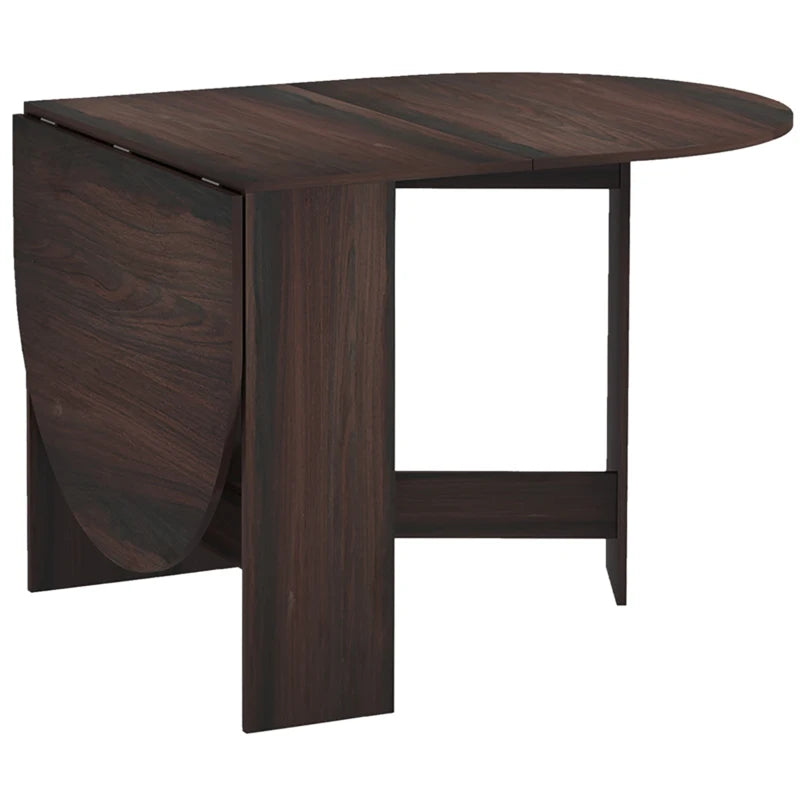 Dark brown oval folding dining table with drop-leaf sides and wood-look finish