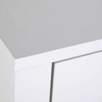 White bedside table tabletop edge and side panel, close-up.