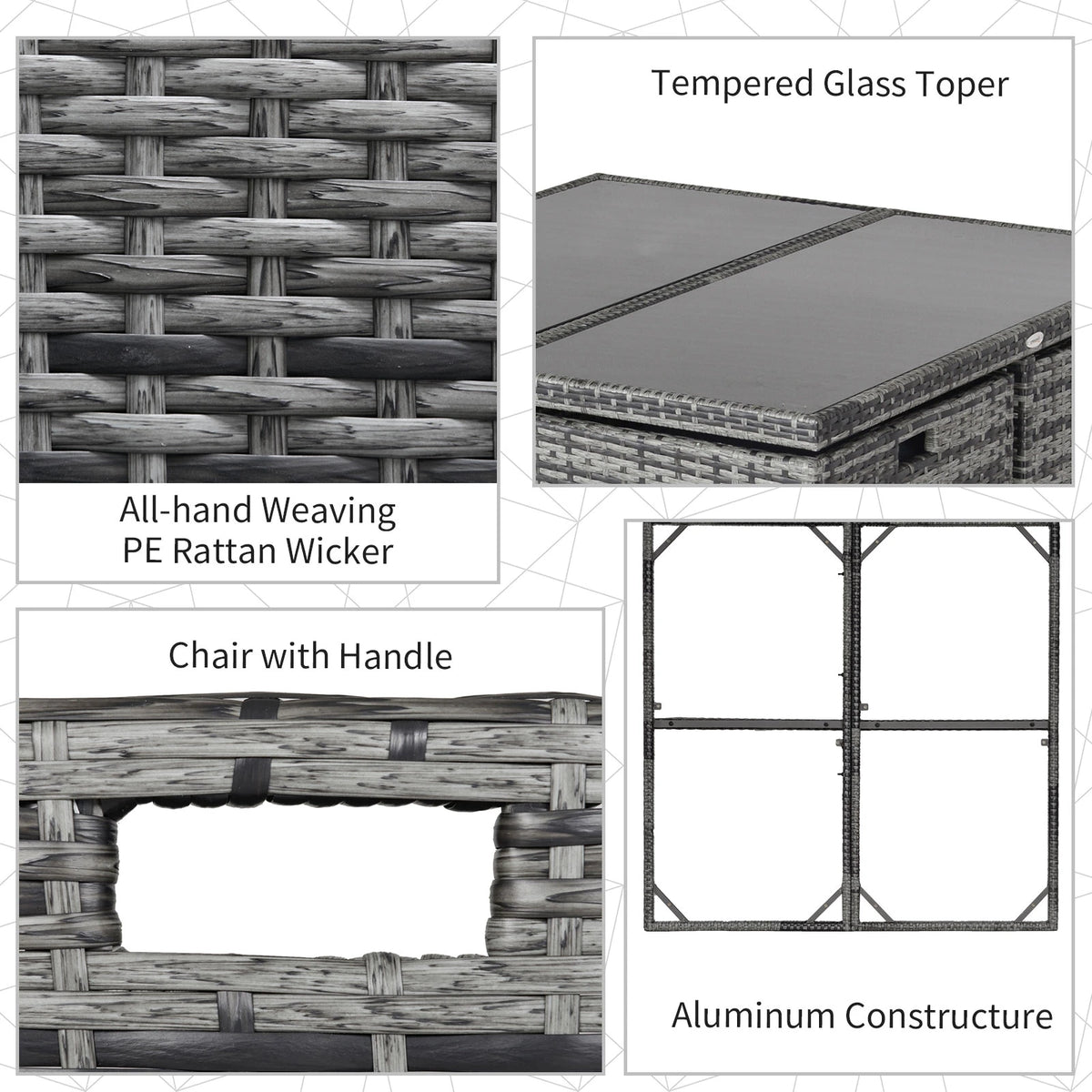Grey rattan dining set details showing woven finish, glass tabletop and aluminum frame