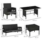 Rattan outdoor seating and table set with cushion sizes shown in a dimension layout