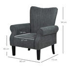 Grey accent chair with rolled arms and tall back, size diagram