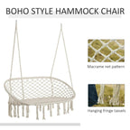 Boho cream macrame hammock chair with net seat pattern and hanging fringe tassels