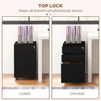 Top lock on black filing cabinet keeps drawers simultaneously locked or unlocked