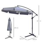 Dark grey cantilever banana umbrella with canopy, crank post, and cross base (size view)