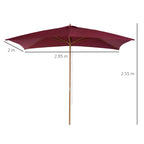 Wine red parasol with open canopy and wooden pole, shown with size measurements.