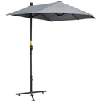 Dark grey half market umbrella with double-sided canopy raised on a tall stand.