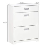 White slim shoe cabinet with three stacked drawers and metal handle pulls.