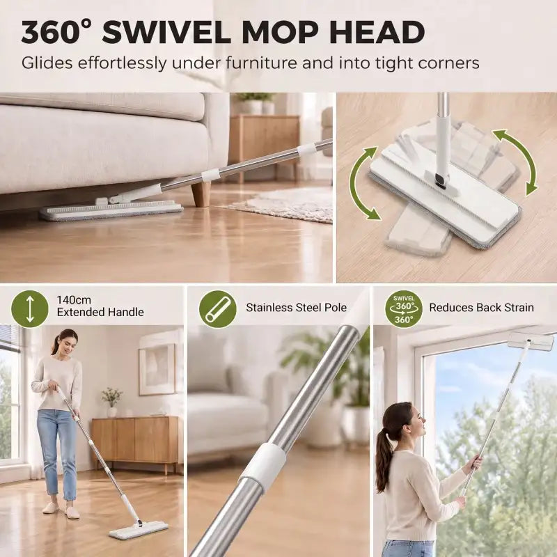 360 swivel flat mop head with stainless pole and corner-friendly cleaning base