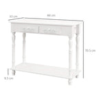 White console table with two drawers and open lower shelf, shown with measurements