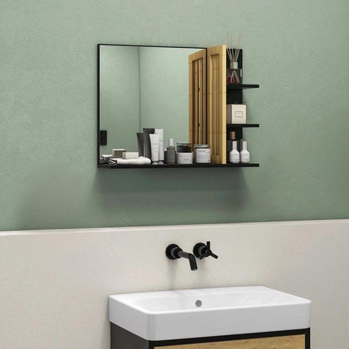 Wall-mounted bathroom mirror with bamboo cabinet and black side shelves, toiletries display