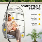 Light grey egg chair with wire frame and thick padded headrest and seat cushions