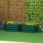 Green steel raised planter boxes with flowers, set of two square beds