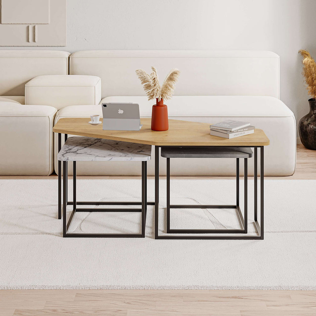 Nesting coffee table set with light wood tabletop, black steel legs, and shelf bases
