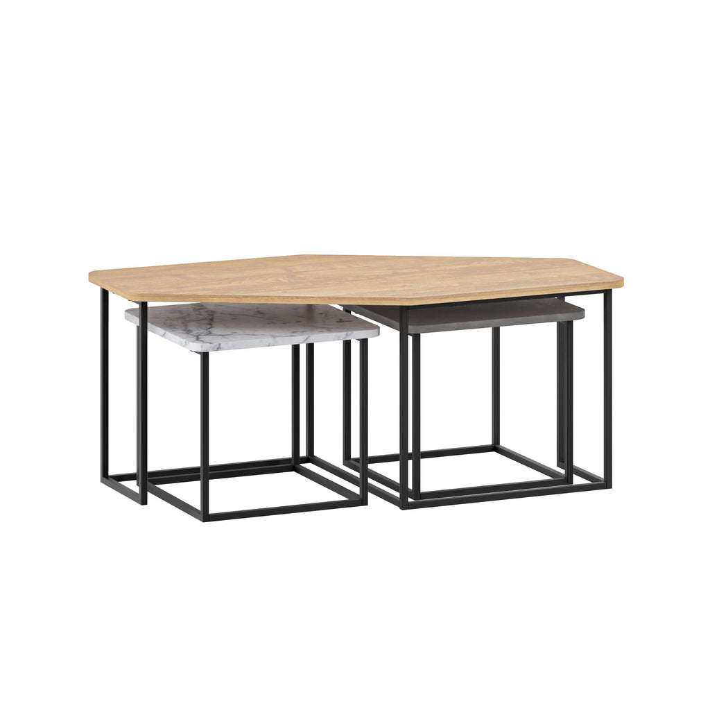 Three-piece nesting coffee tables with light wood tops and black metal square frames