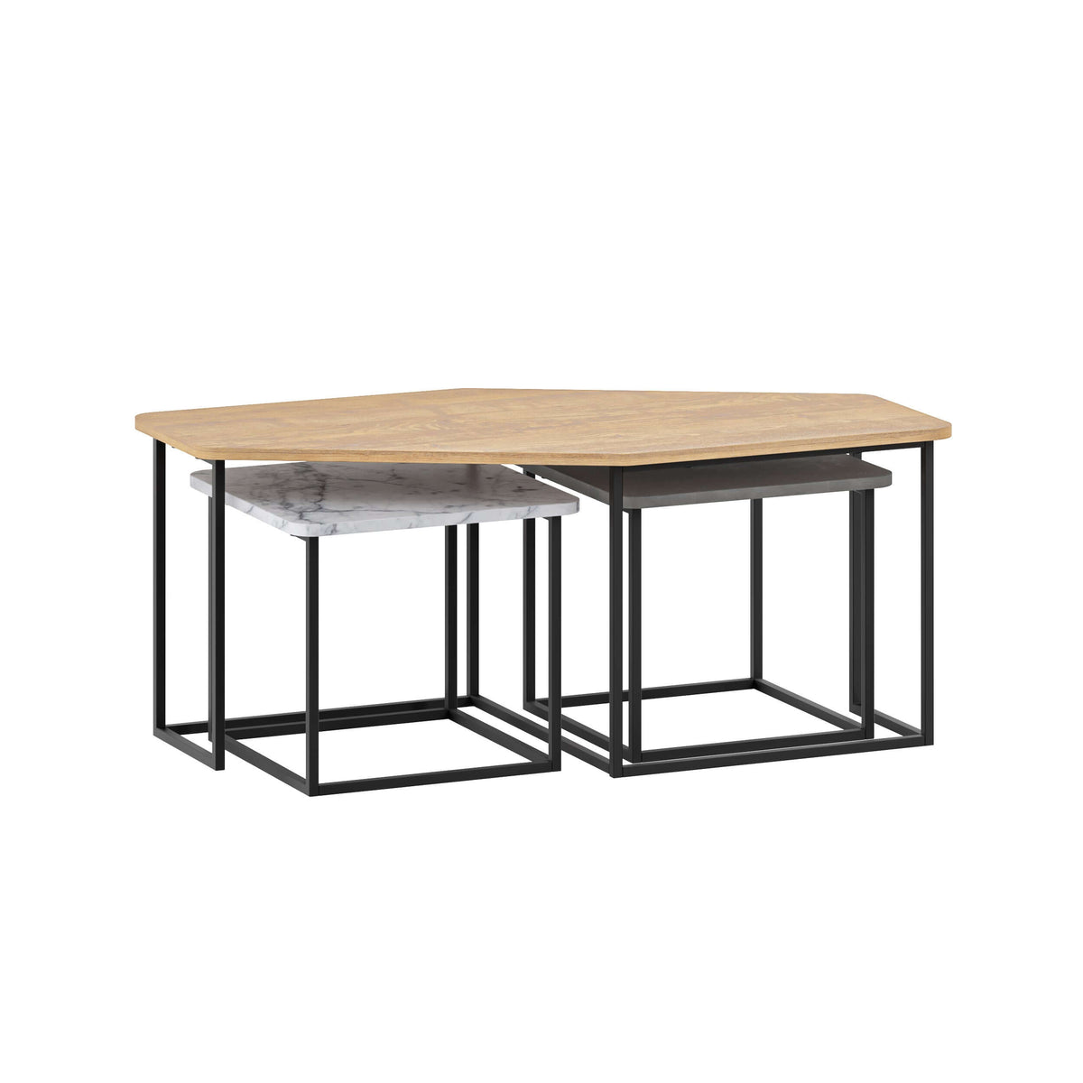 Three-piece nesting coffee tables with light wood tops and black metal square frames