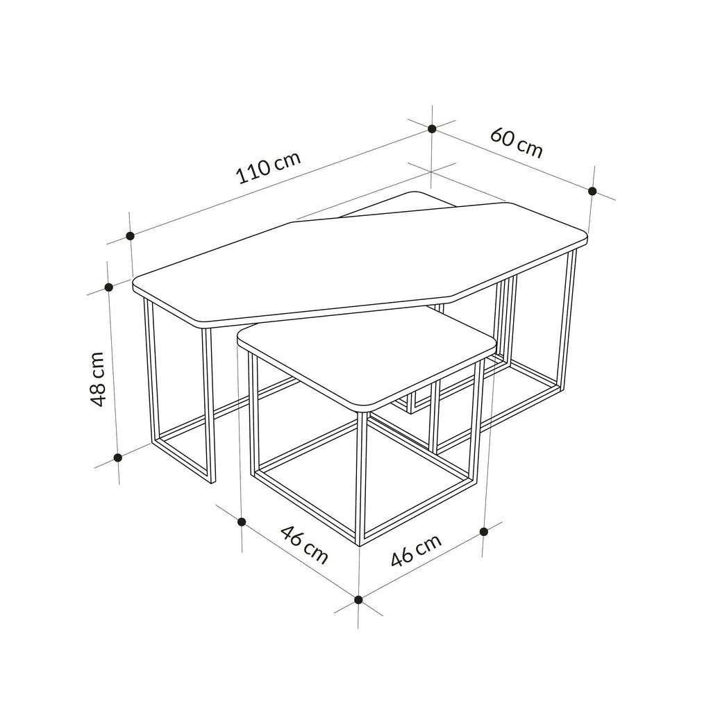 Dimension diagram for nesting coffee table set with three tables and metal frames