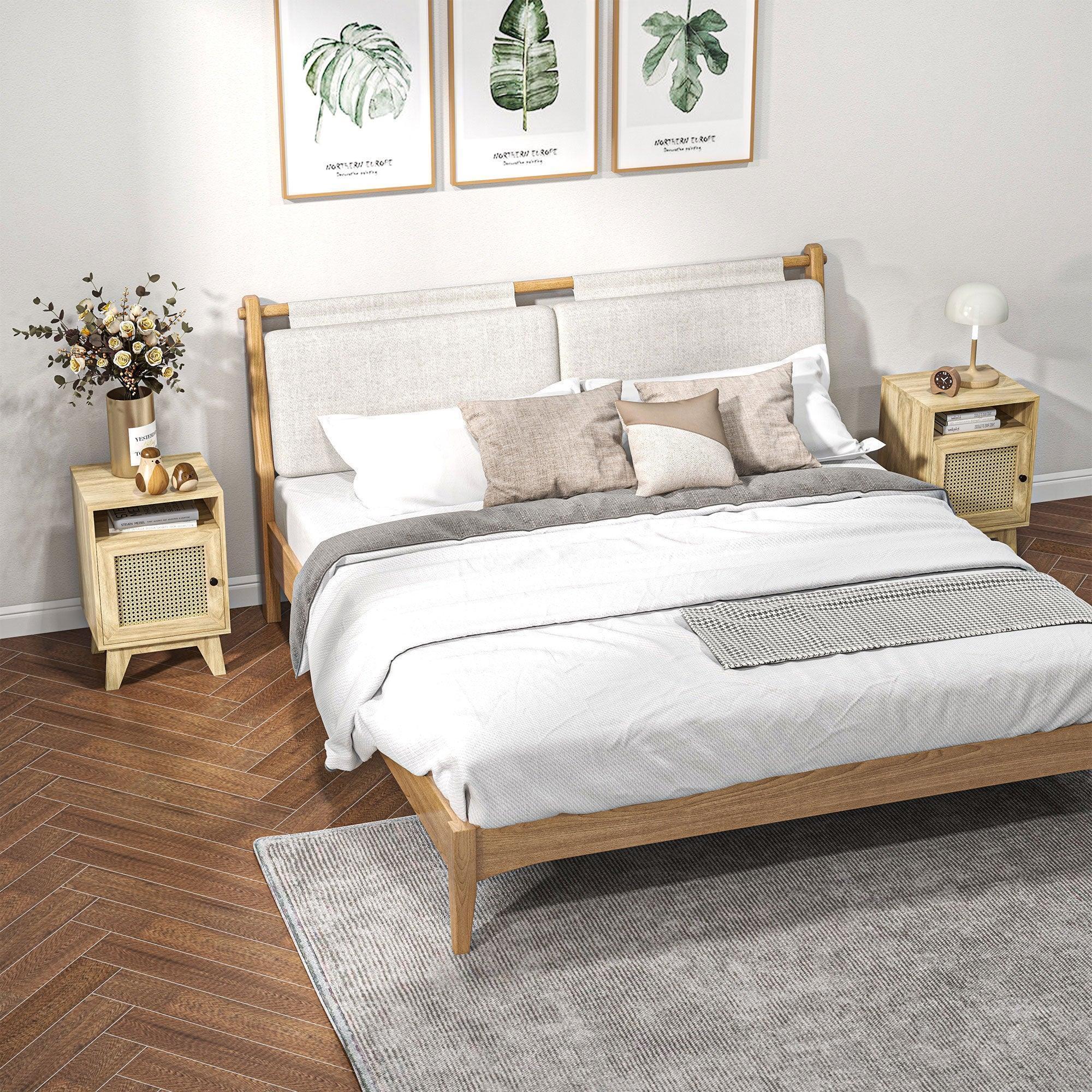 2-Piece Narrow Rattan Nightstands, Side End Table with Shelf and Cupboard, 39cm x 35cm x 60cm, Natural - Bobobiy