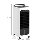 White portable air cooler with front grille, caster wheels, and height dimensions