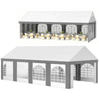 Light grey marquee gazebo with white side walls and arched window panels