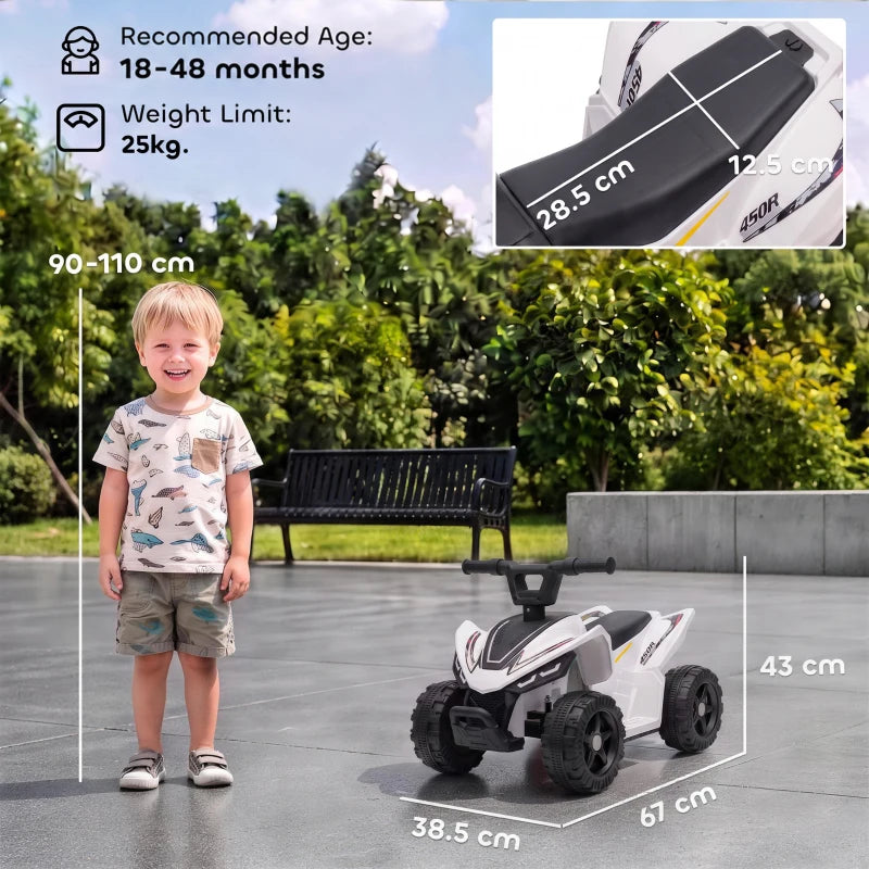 White kids quad bike with black handlebar, shown outdoors with a standing child