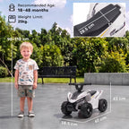 White kids quad bike with black handlebar, shown outdoors with a standing child