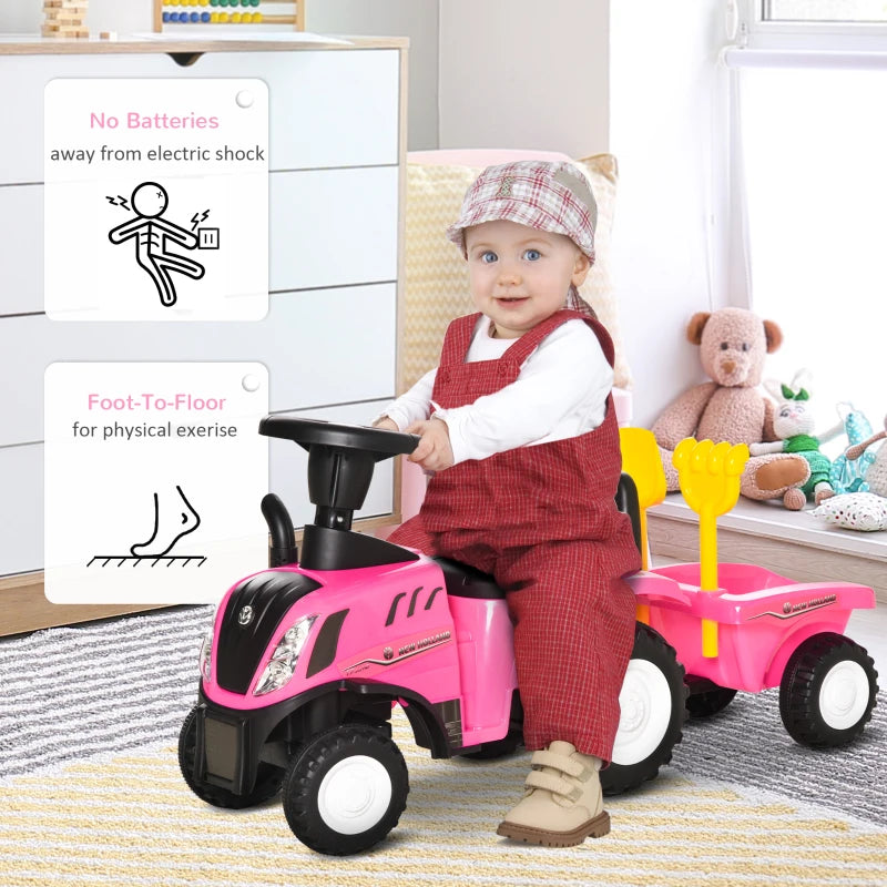 Pink ride-on tractor toddler walker with yellow push handle and child seated