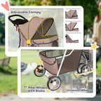 Brown dog stroller with adjustable canopy, rear brake, and universal front wheels