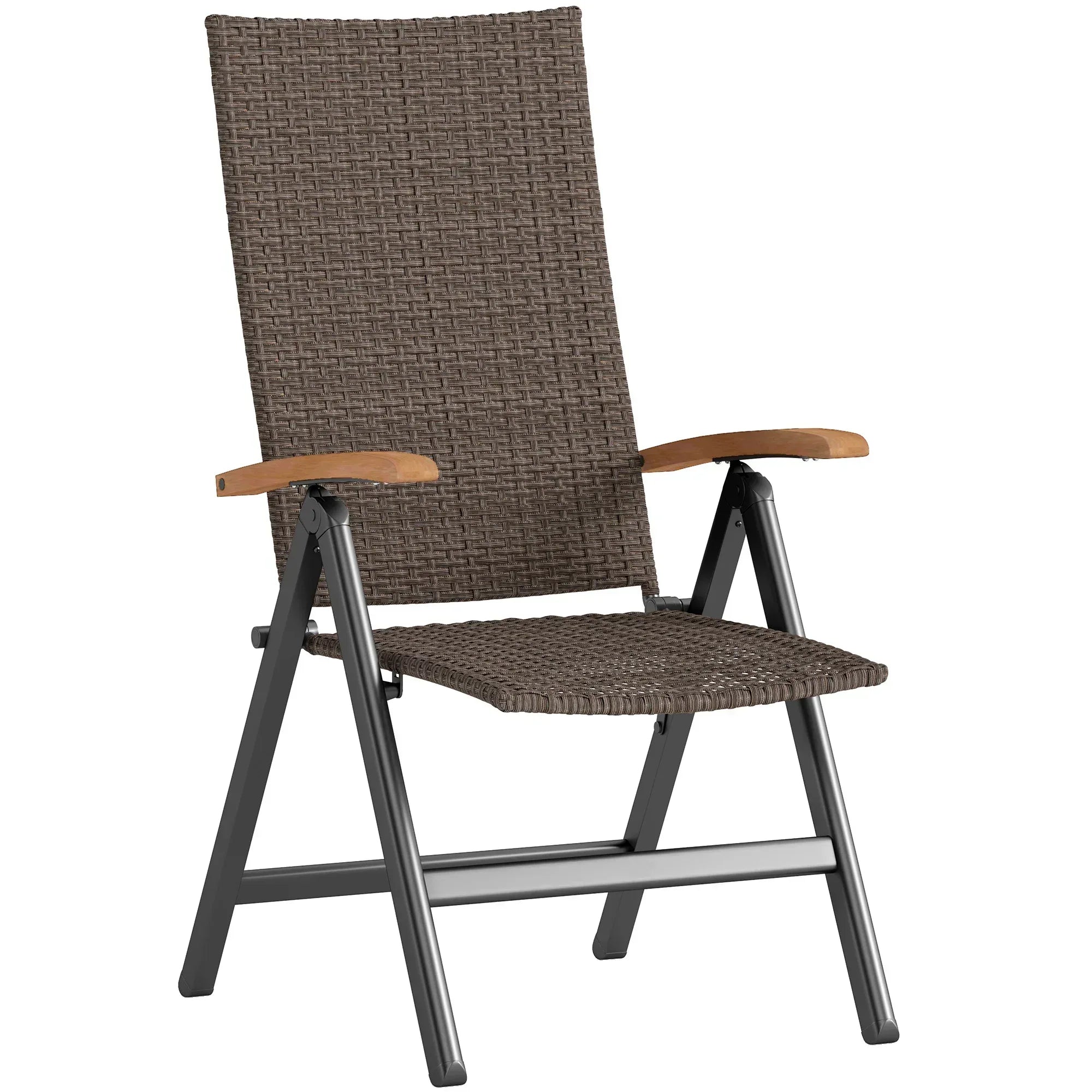 Folding Rattan Garden Dining Chair with 5-level Reclining High Back, Wood Armrests for Outdoor, Patio - Brown - Bobobiy