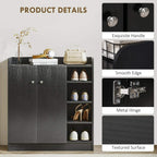 Black shoe storage cabinet product details: textured surface, metal hinges, smooth edge handle