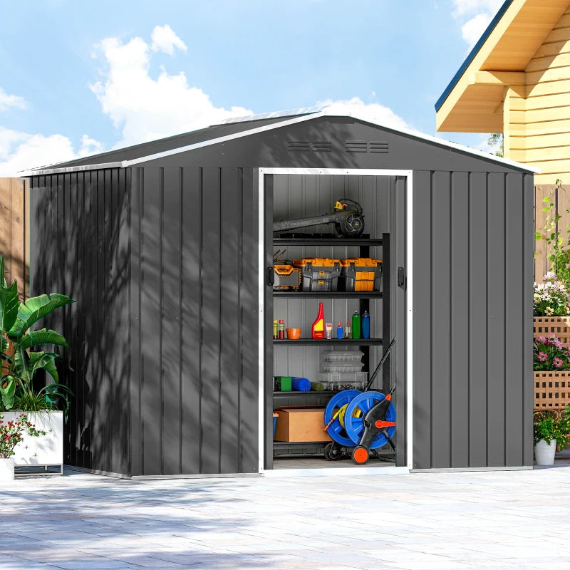 Dark grey galvanised steel shed with open double door and visible storage shelves