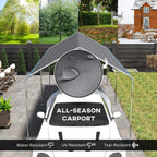 Grey carport canopy with black roof, front view over white car, open sides