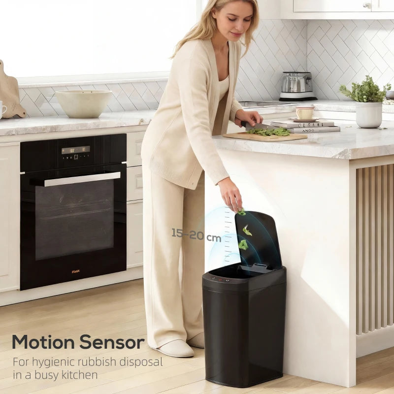 Black touchless sensor trash bin with open lid and dispensing-ready inner opening