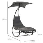 Grey rocking chaise lounge with canopy and padded headrest cushion, side view