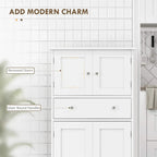White freestanding kitchen cabinet with recessed doors and silver round handles