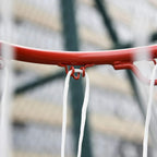 Basketball hoop rim with white net attached to red support bar