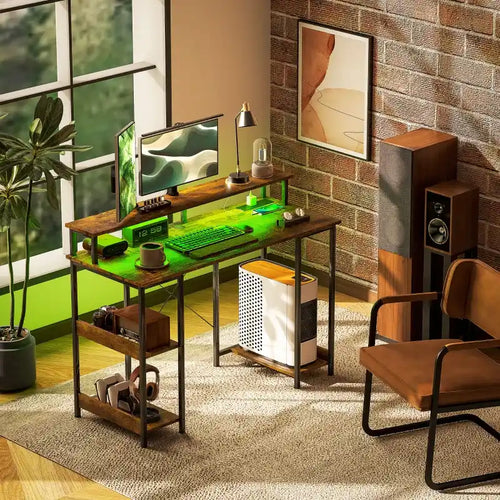 Rustic brown computer desk with built-in LED lighting and lower storage shelf