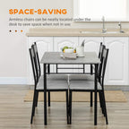 Dining table set with grey marble-effect tabletop and four dark armless chairs