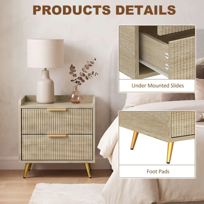 Natural wood bedside table with two drawers, under-mount slides, and gold feet