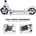 White folding kick scooter with dual shock absorption on front and rear