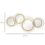 Gold-tone metal wall mirror set, 107 cm wide, five circular ring frames