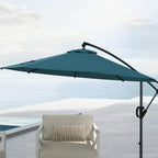 Blue cantilever parasol umbrella open with curved arm and black central pole