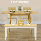 White and light wood bench with solid frame, 2-seater dining style.